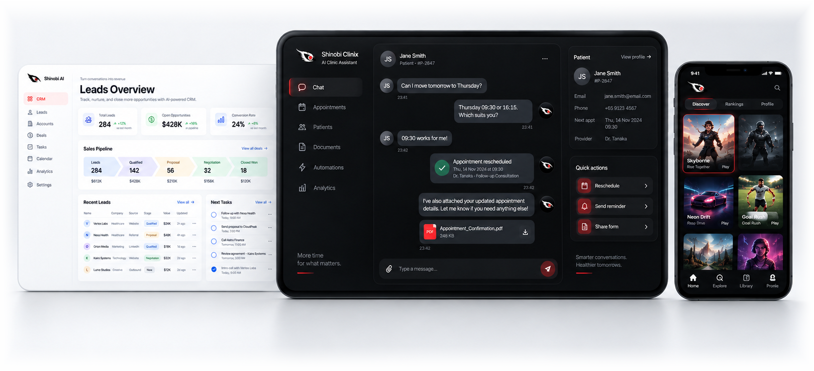Illustration of the areas Shinobi AI builds in: a customer relationship interface, the Shinobi Clinix assistant, and a mobile application. The screens show sample data, not real customers or results.